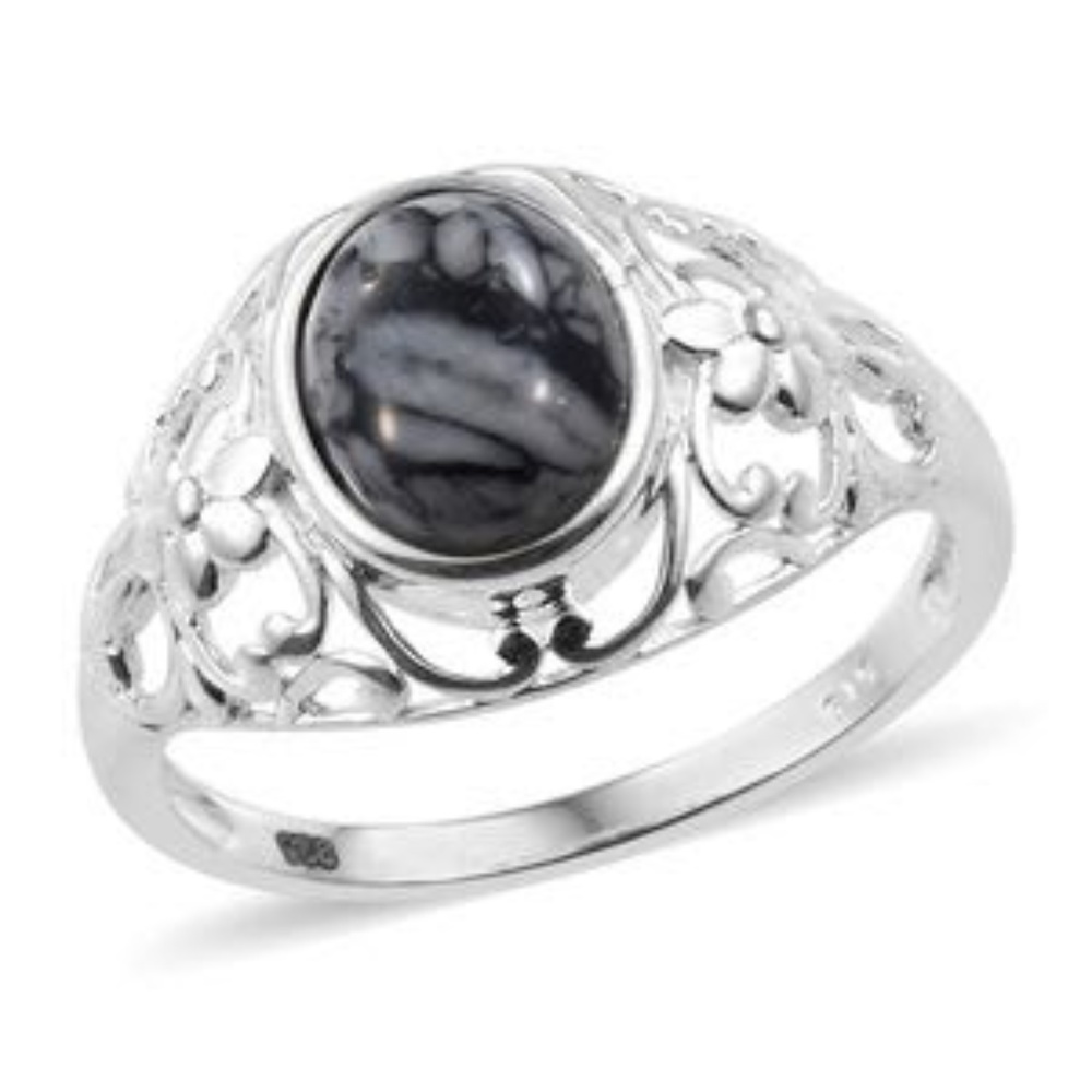 Pinolith Ring Sterling Silver Floral Size 10